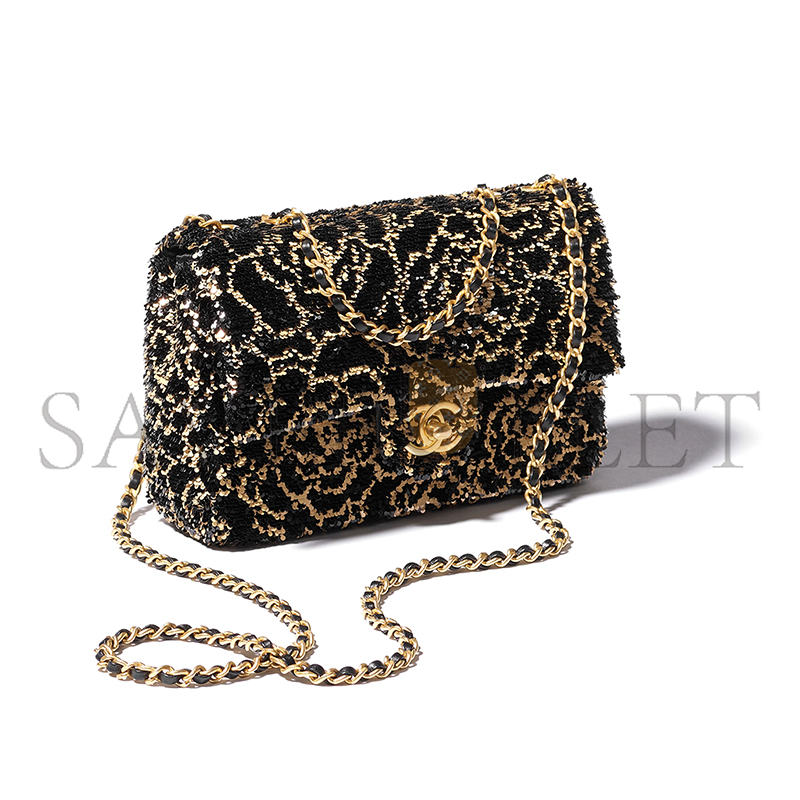 CHANEL FLAP BAG SEQUINS & GOLD-TONE METAL GOLDEN & BLACK AS4561 (21*14*8cm) CHANEL FLAP BAG SEQUINS & GOLD-TONE METAL GOLDEN & BLACK AS4561 (21*14*8cm)